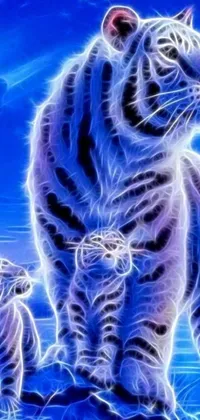 This live wallpaper features two stunning white tigers standing side by side against a colorful, psychedelic background