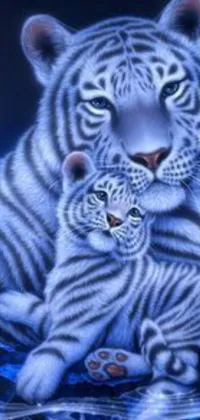 This stunning phone live wallpaper showcases a beautiful airbrush painting of a white tiger and her cub