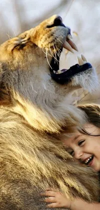 This realistic phone live wallpaper depicts a young girl hugging a giant lion cub, as captured by an acclaimed photographer