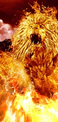 This live wallpaper features a lion running through a field of fire in stunning closeup detail
