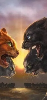 This live wallpaper features two cats fighting in a field with a fiery background