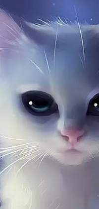 This phone live wallpaper features a beautiful white cat with blue eyes, set against a stunning galactic background