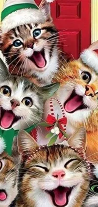 Looking to add some holiday cheer to your smartphone? Check out this fun live wallpaper featuring a group of festive cats wearing Christmas hats! Against the backdrop of a cozy house, these cute felines are sure to put a smile on your face