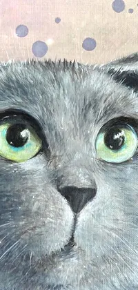 This phone live wallpaper features a charming painting of a grey cat with green eyes, done in the pointillism style using acrylic paints