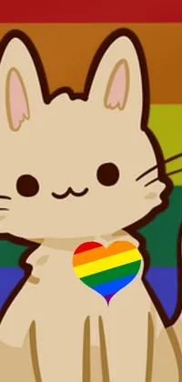 This phone live wallpaper features a adorable white cat with a vibrant rainbow heart on its chest