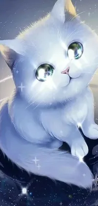 If you're a fan of cute and colorful live phone wallpapers, you'll love this one featuring a white furry cat sitting atop a puddle of water with sparkling stars as its eyes