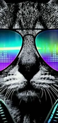 This live wallpaper features a funky cat wearing sunglasses and headphones against a neon and colorful background