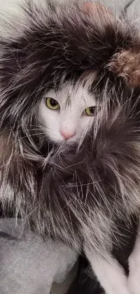 This phone live wallpaper features a man wearing a trendy fur cloak from 2020, holding a cat in his lap