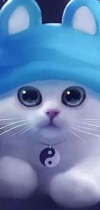 This live wallpaper features a digital painting of a cat wearing a hat in a close-up view