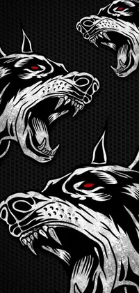 This mobile wallpaper boasts three black and white digital illustrations of a dog's head in a black metal style