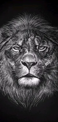 Get a stunning black and white live wallpaper of a lion's detailed face background on your phone! This intricate drawing captures the king of the jungle's power and authority with highly detailed sketches of the lion's fur, mane, and captivating expression
