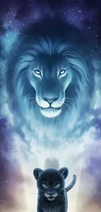 This stunning phone live wallpaper features a fantasy art airbrush painting of a lion and a cat standing together against a starry night sky