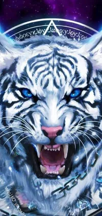 This stunning live wallpaper features a close-up of a fierce white tiger set against an intricate digital background