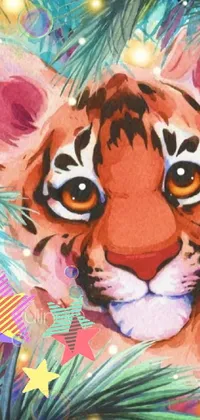 Looking for a fun and colorful Christmas-themed phone live wallpaper? This playful design features a vibrant painted tiger lounging in a festive tree, with colors inspired by popular Tumblr aesthetics and eye-catching details