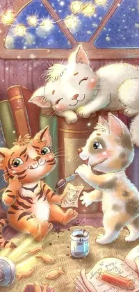 This live phone wallpaper features a cute and whimsical painting of two cats playing with a book