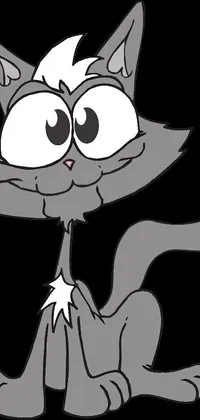 This black and white cartoon live wallpaper features a playful cat with big eyes and a cunning smile