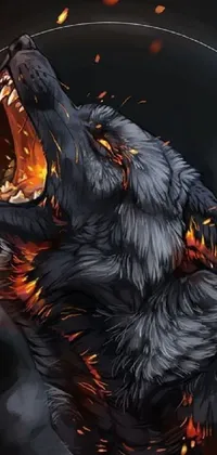 This live wallpaper features a striking image of a grey wolf with flames bursting from its mouth and glowing embers scattering in the backdrop