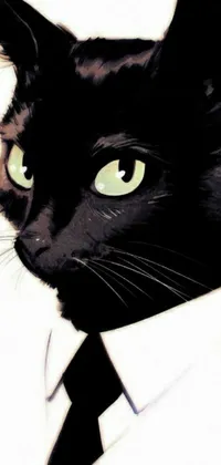 This exquisite digital illustration phone live wallpaper depicts a charming black cat sporting a neat black tie and a crisp white shirt