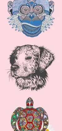 This live wallpaper for phones features a beautifully detailed drawing of a dog and turtle on a vibrant pink background