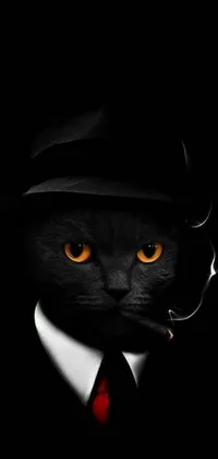 The sleek and stylish Black Cat Live Wallpaper is a must-have for your phone! The image features a cool cat in a black hat and tie, exuding an air of sophistication and mystery