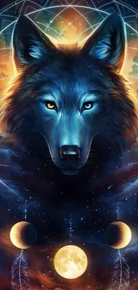 Display a mesmerizing live phone wallpaper featuring a stunning painting of a wolf standing against a mystical moon