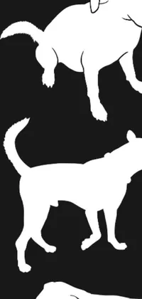 This phone live wallpaper showcases four dogs in detailed lineart silhouettes against a black background