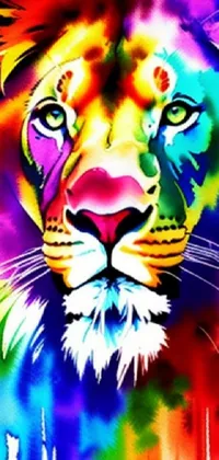 This live wallpaper showcases a colorful lion in an airbrush painting style against a white background