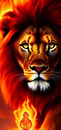This mobile live wallpaper showcases a close-up of a lion on a captivating fire background