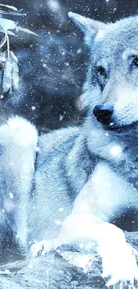 This wolf live wallpaper showcases a stunning image of a majestic wolf in wintry surroundings