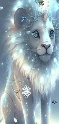 This stunning phone live wallpaper showcases a white lion perched on snow-covered ground amidst sparkling crystals and glitter