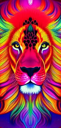 Get ready for a wild ride with this vivid and eye-catching phone wallpaper! Featuring a stunningly colorful lion against a sleek black background, the digital rendering is highly-detailed and truly mesmerizing