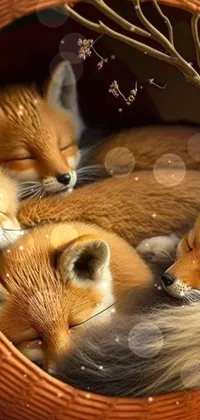 Get a charming mobile wallpaper for your phone with this cute digital art design of a group of foxes curling up in a cozy basket