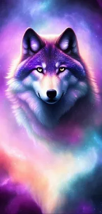 This live phone wallpaper features a splendid close-up of a wolf set against a breathtaking galaxy background
