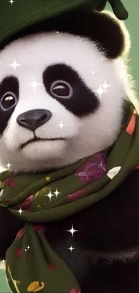 This live wallpaper for your phone showcases a beautifully rendered panda bear wearing a green hat and scarf, set against a photorealistic painting