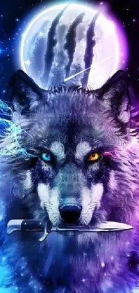 "Get ready to be mesmerized with this stunning phone live wallpaper that showcases a fierce and majestic wolf holding a sharp knife in front of a full moon