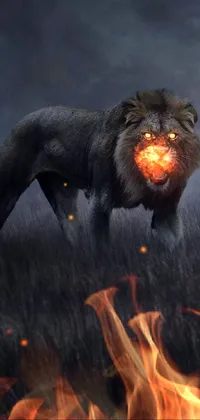 This lion live wallpaper depicts a fearsome digital rendering of a wild lion standing on a grassy field at night