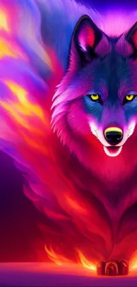 This live wallpaper displays a fierce wolf with flames emanating from its mouth