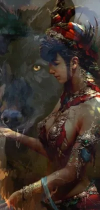 This live phone wallpaper showcases a captivating painting of a woman and a wolf in a forest setting