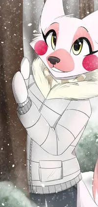 This phone live wallpaper showcases a cute cat standing in the snow, wearing a green scarf and a red cap with a white pom-pom