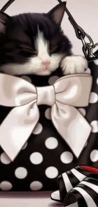 This phone live wallpaper features a black and white cat resting on top of a purse, with a cartoonish thick bow
