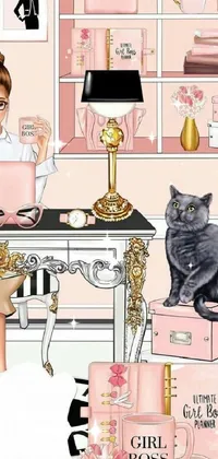 This digital phone wallpaper showcases a confident woman working at her desk with her feline companion in a maximalist style