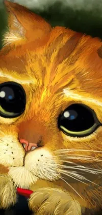 This phone live wallpaper features a delightful digital painting of a cute cartoon cat with big, expressive eyes that are sure to bring a sense of joy to your phone