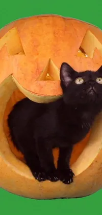 This live wallpaper features a cute black cat sitting inside a carved pumpkin