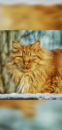 This live phone wallpaper features a beautiful rusty colored cat with golden hair and piercing green eyes