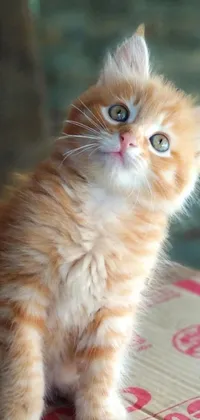 This phone live wallpaper showcases a small, adorable orange kitten sitting atop a cardboard box with fluffy fur and lovely eyes