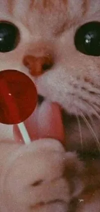This phone live wallpaper features a surrealistic, Tumblr-inspired close-up of a cat enjoying a lollipop