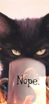 This phone live wallpaper showcases a beautiful painting of a black cat holding a cup of coffee