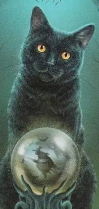 This phone live wallpaper features a captivating digital painting of a black cat holding a crystal ball, rendered in stunning detail