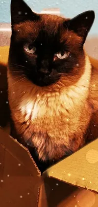 This Siamese cat phone live wallpaper depicts a lovely feline sitting inside a cardboard box, facing the camera with piercing blue eyes