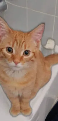 This live phone wallpaper features an adorable ginger cat sitting on the edge of a bathtub